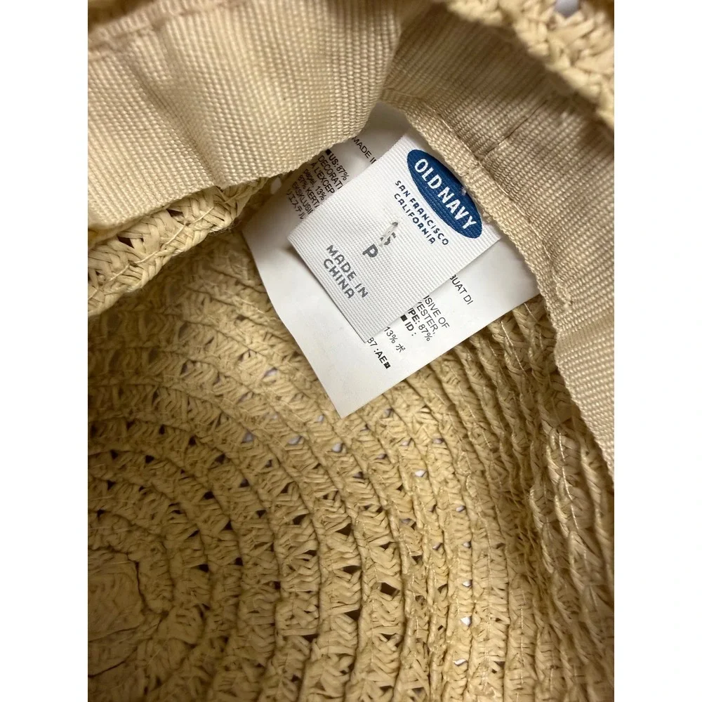 Old‎ Navy Girls Straw Sun Hat Wide Brim Tan Pink Ribbon Floppy Beach Hat S/P